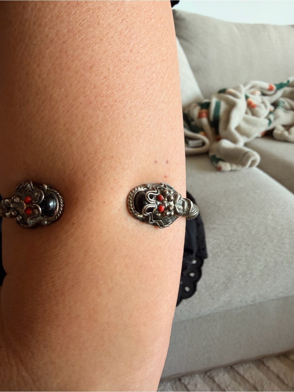 Silver Tone Floral Cuff Bracelet with Red Accents